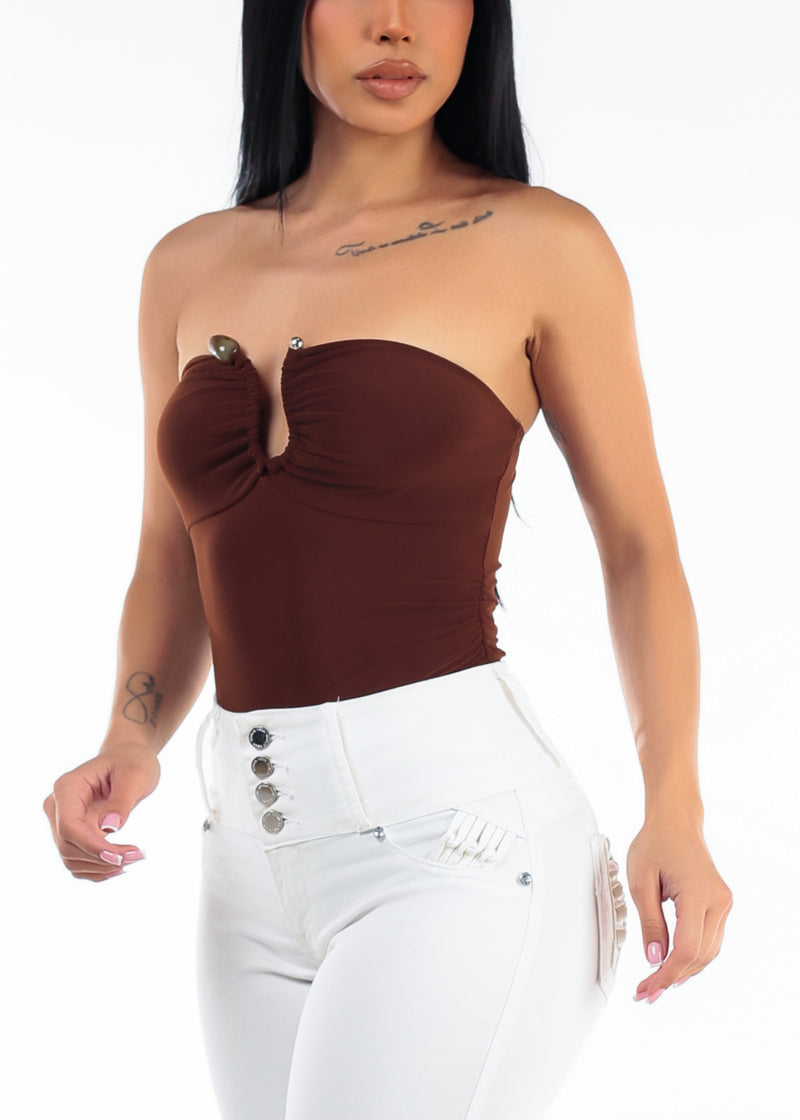 Strapless Plunge Neckline Stretch Crop Top Brown