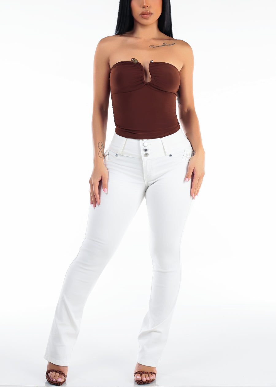 Strapless Plunge Neckline Stretch Crop Top Brown