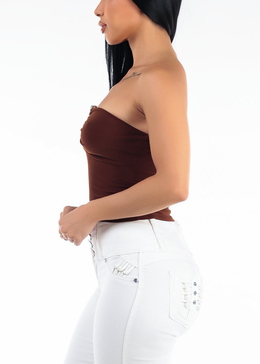Strapless Plunge Neckline Stretch Crop Top Brown