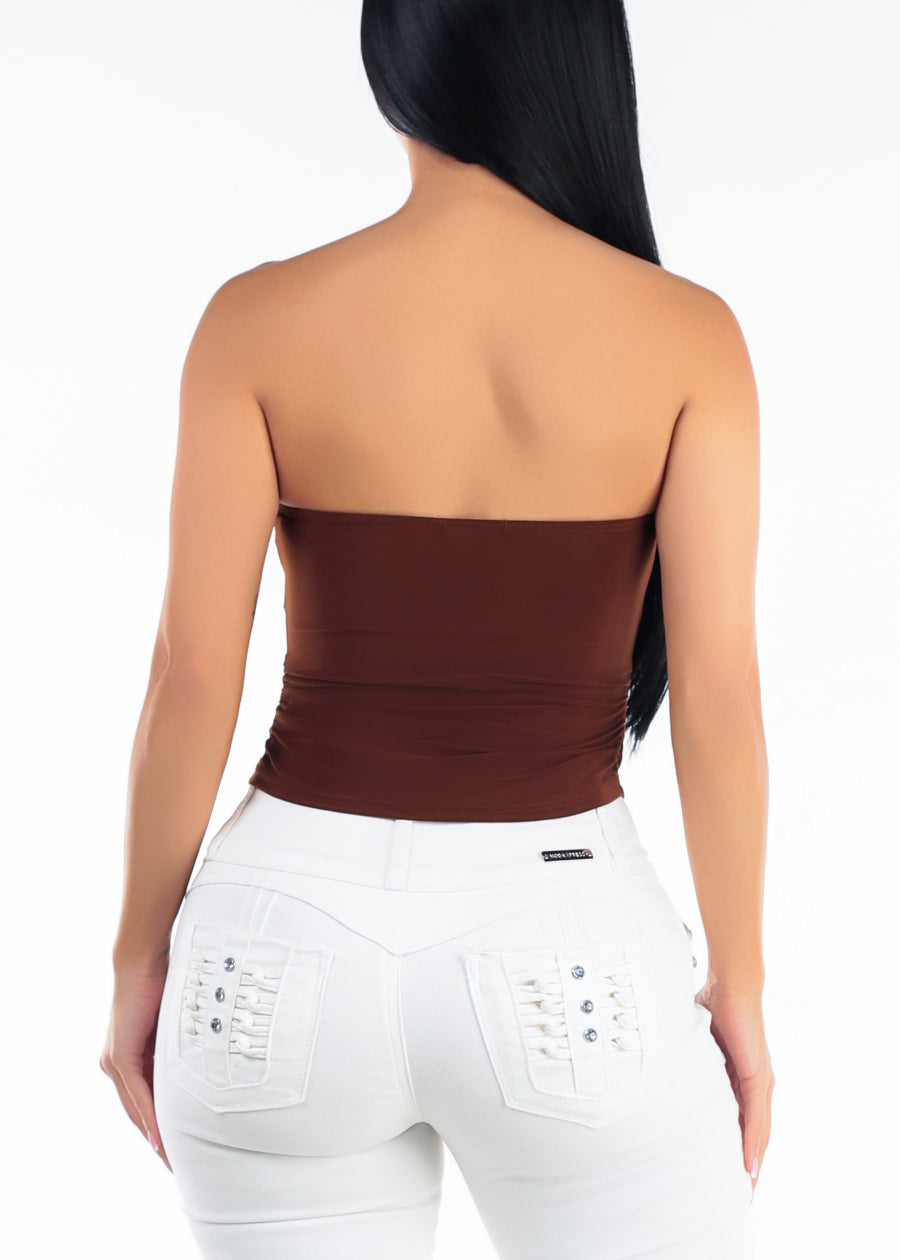 Strapless Plunge Neckline Stretch Crop Top Brown