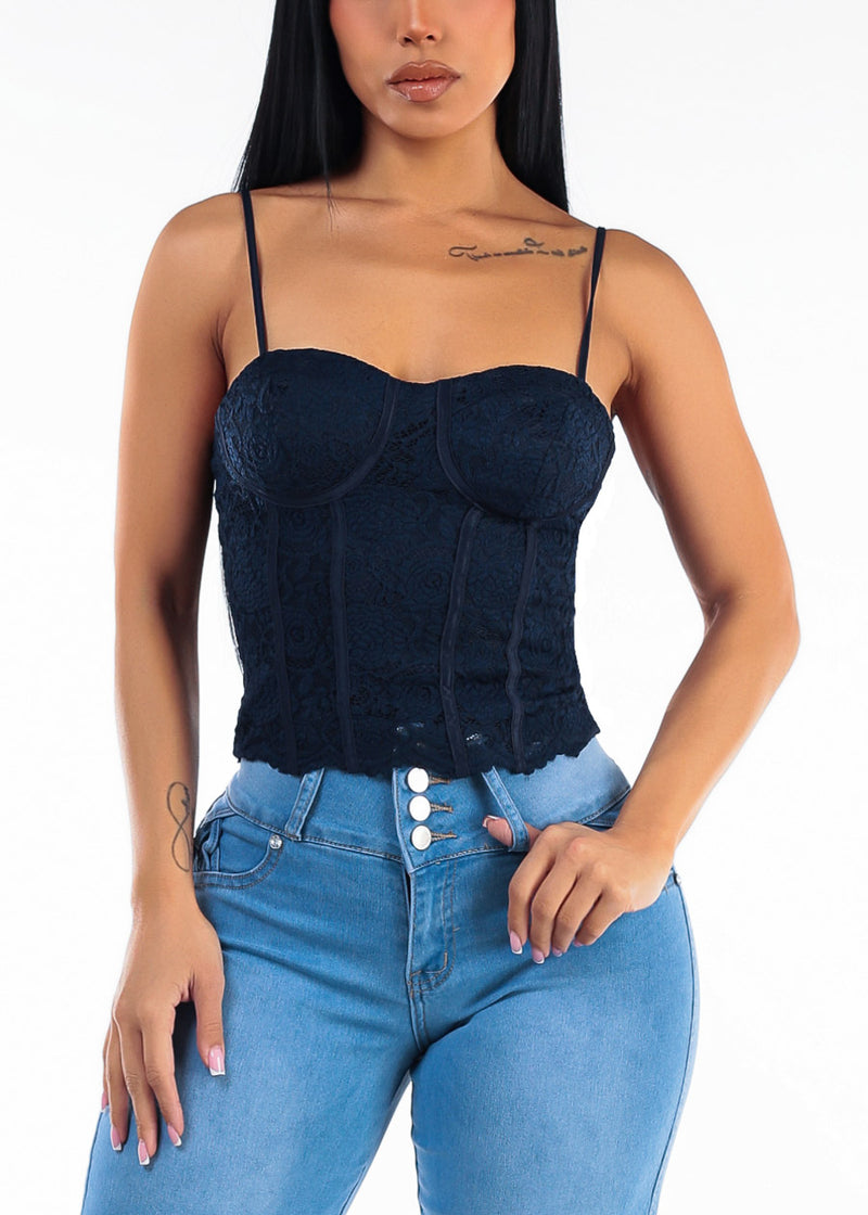 Sleeveless Sweetheart Neckline Lace Corset Style Blouse Navy