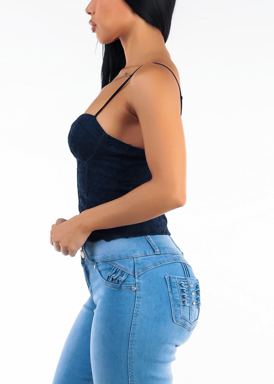 Sleeveless Sweetheart Neckline Lace Corset Style Blouse Navy