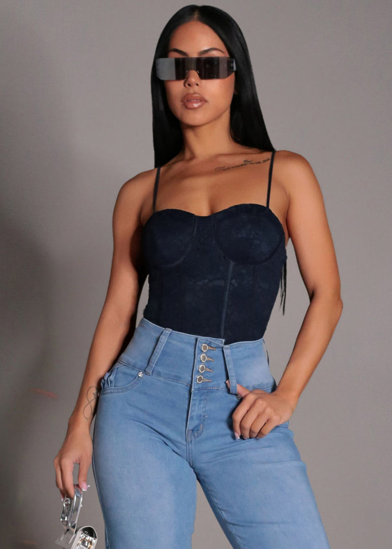 Sleeveless Sweetheart Neckline Lace Corset Style Blouse Navy