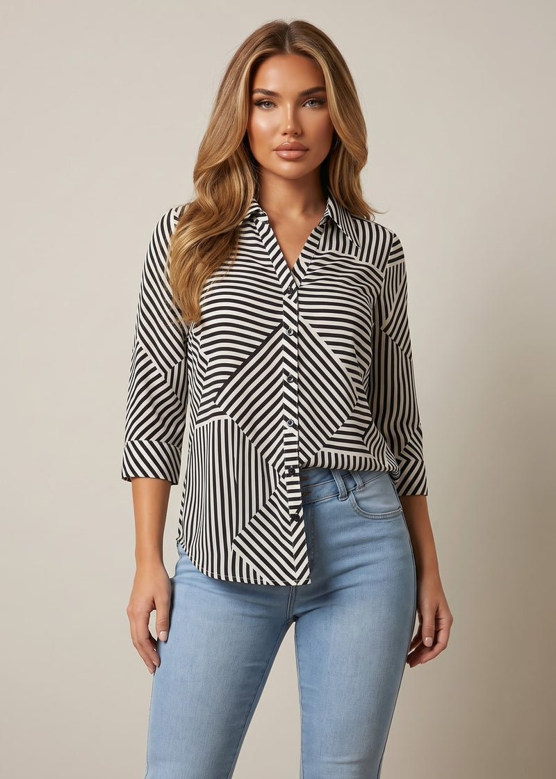 Quarter Sleeve Button Up  Printed Collared Blouse Black & White