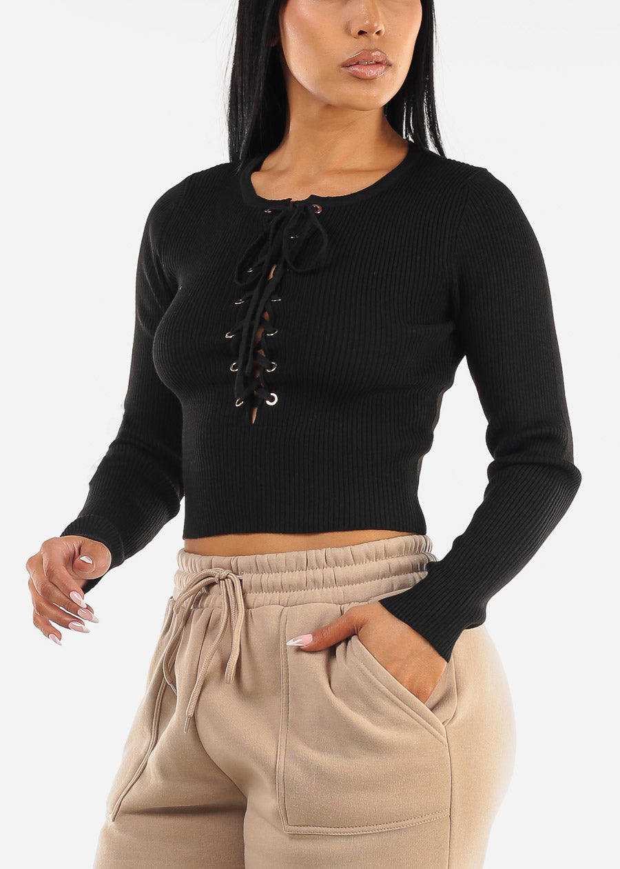 Long Sleeve Black Lace Up Sweater Top