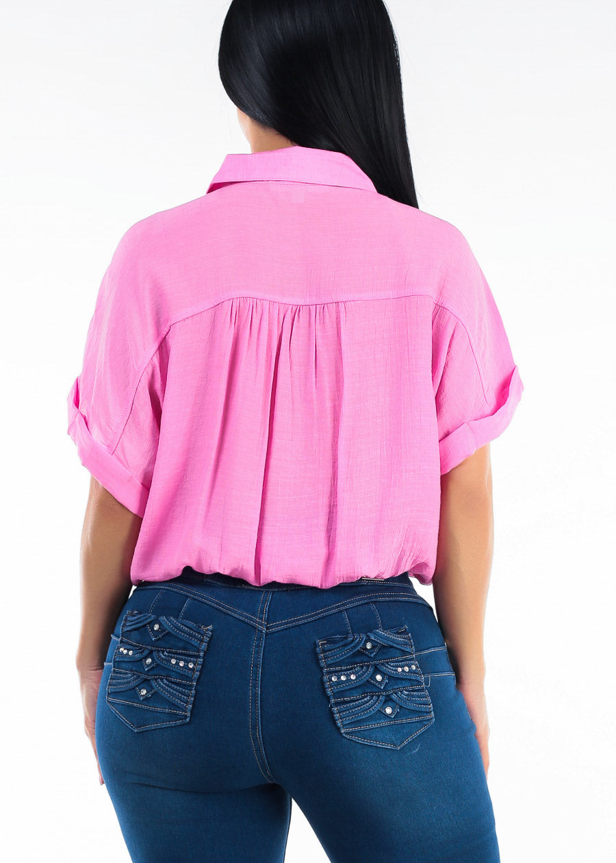 Short Sleeve Elastic Waist Button Up Collared Blouse Pink