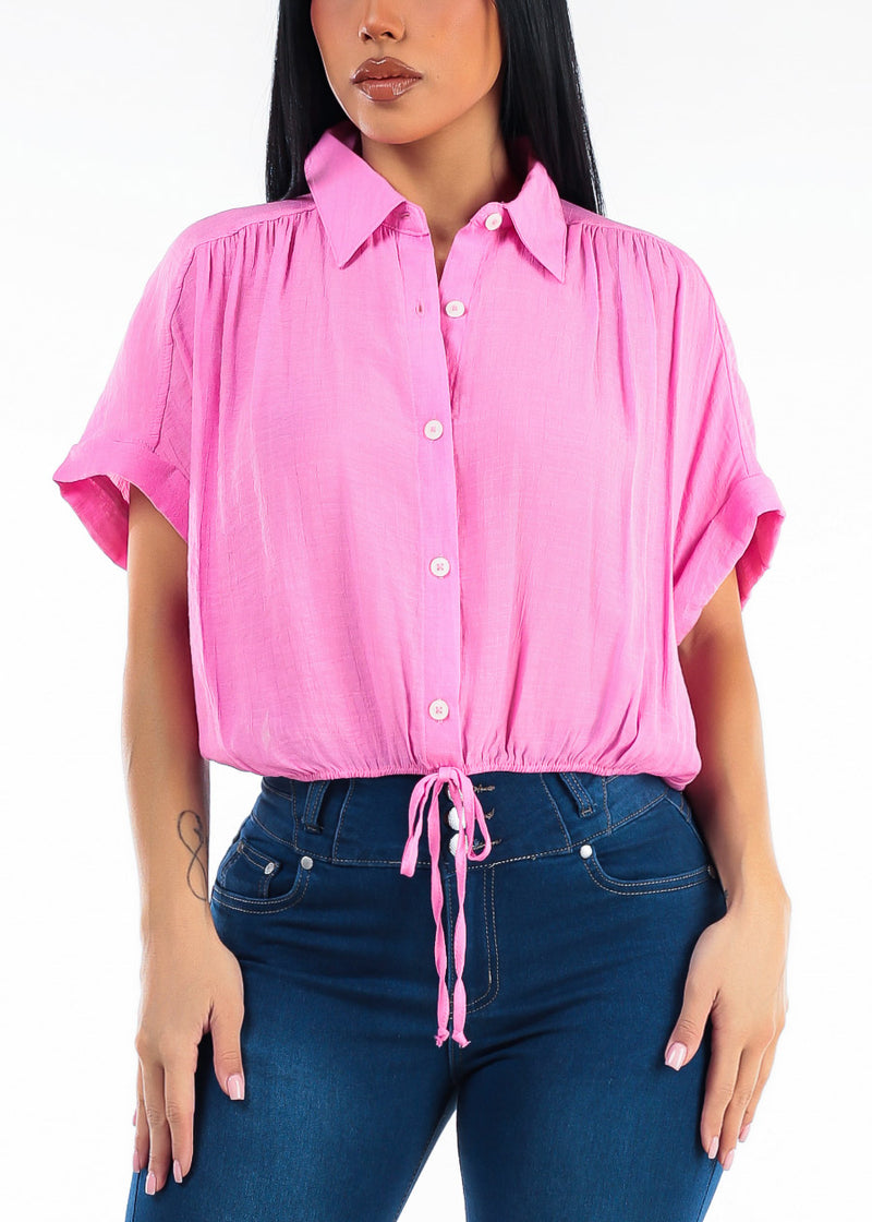 Short Sleeve Elastic Waist Button Up Collared Blouse Pink