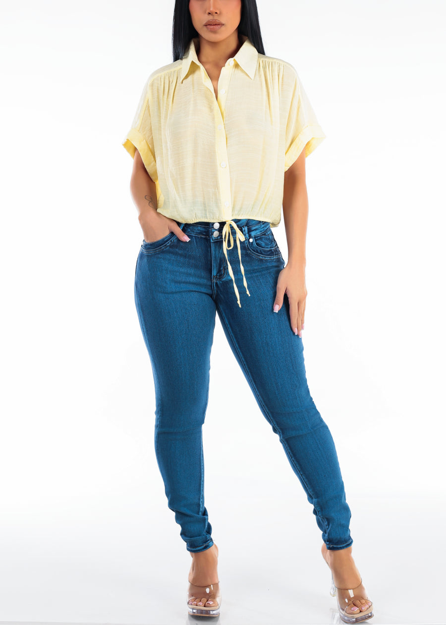 Short Sleeve Elastic Waist Button Up Collared Blouse Yellow