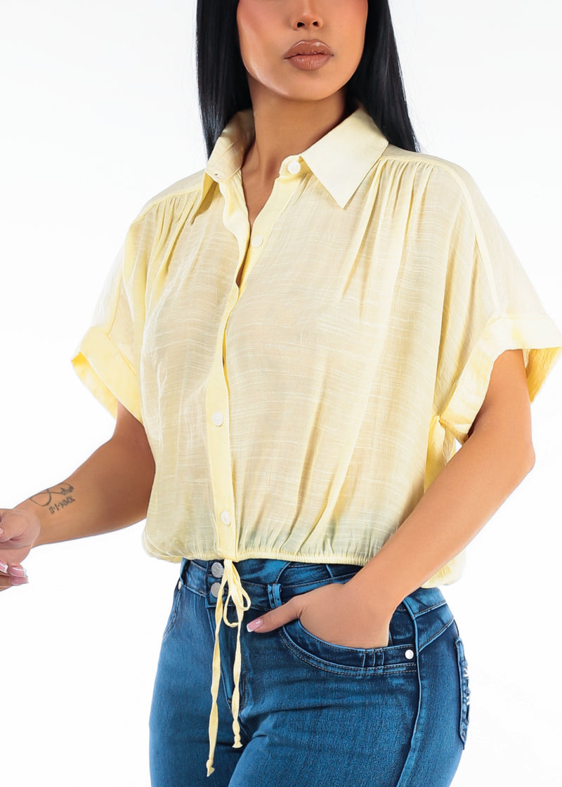 Short Sleeve Elastic Waist Button Up Collared Blouse Yellow