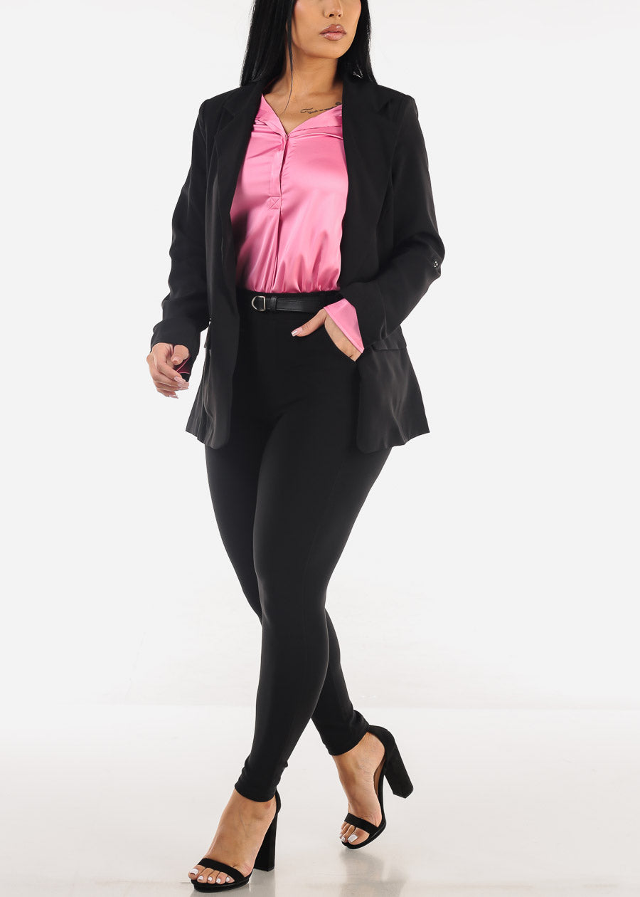 Long Sleeve Open Front Black Blazer w Pockets