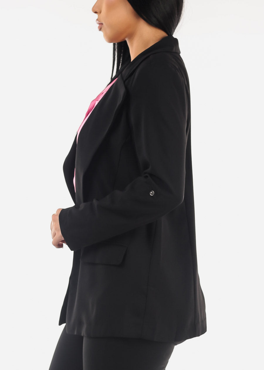 Long Sleeve Open Front Black Blazer w Pockets