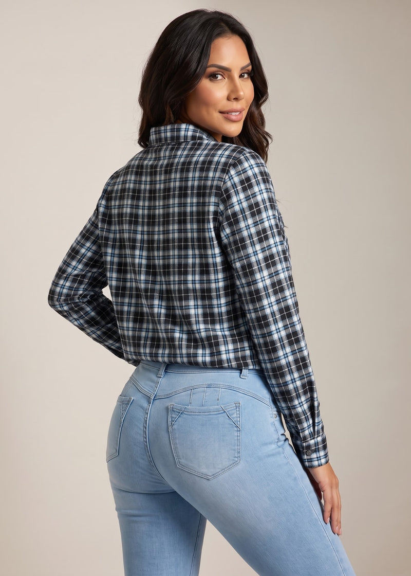 Long Sleeve Button Up Tie Front Plaid Blouse Black & Blue