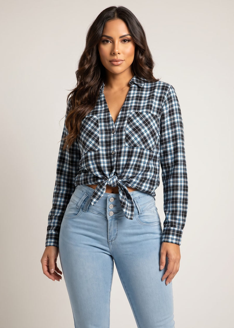 Long Sleeve Button Up Tie Front Plaid Blouse Black & Blue