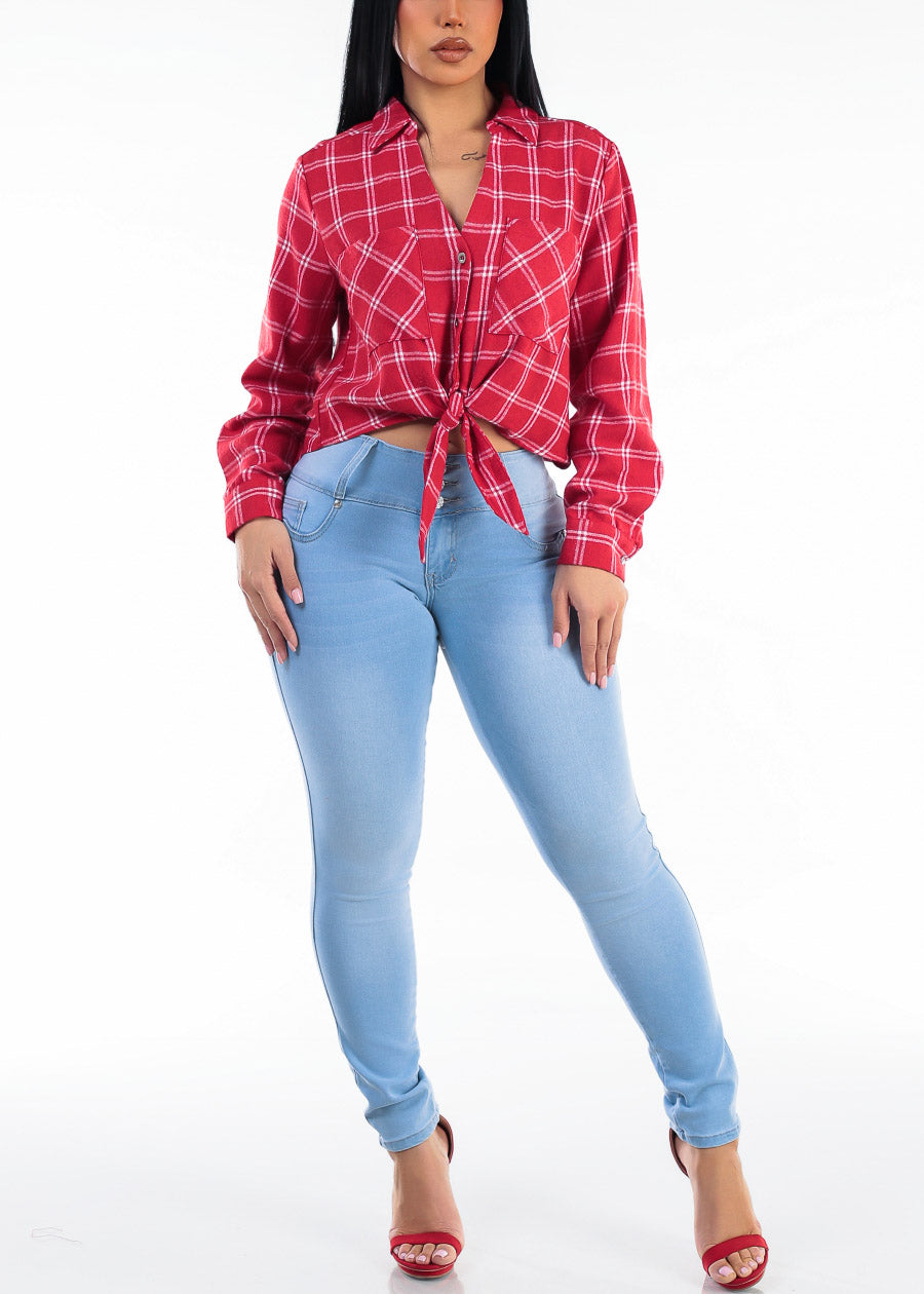 Long Sleeve Button Up Tie Front Plaid Blouse Red