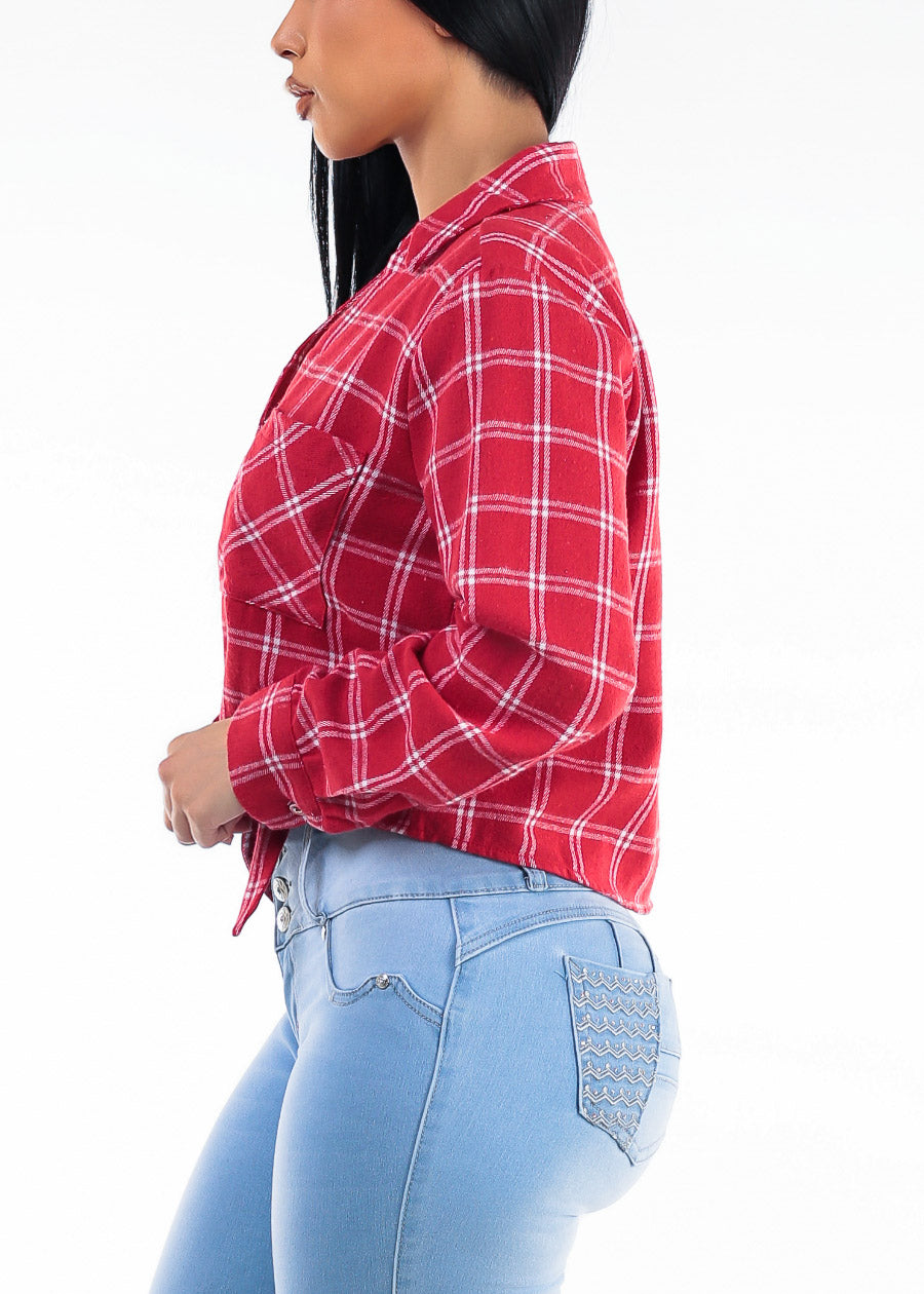 Long Sleeve Button Up Tie Front Plaid Blouse Red