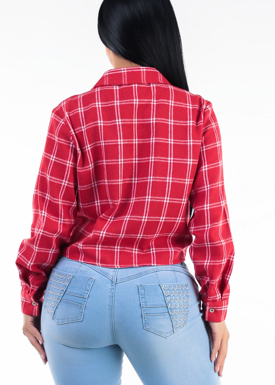 Long Sleeve Button Up Tie Front Plaid Blouse Red