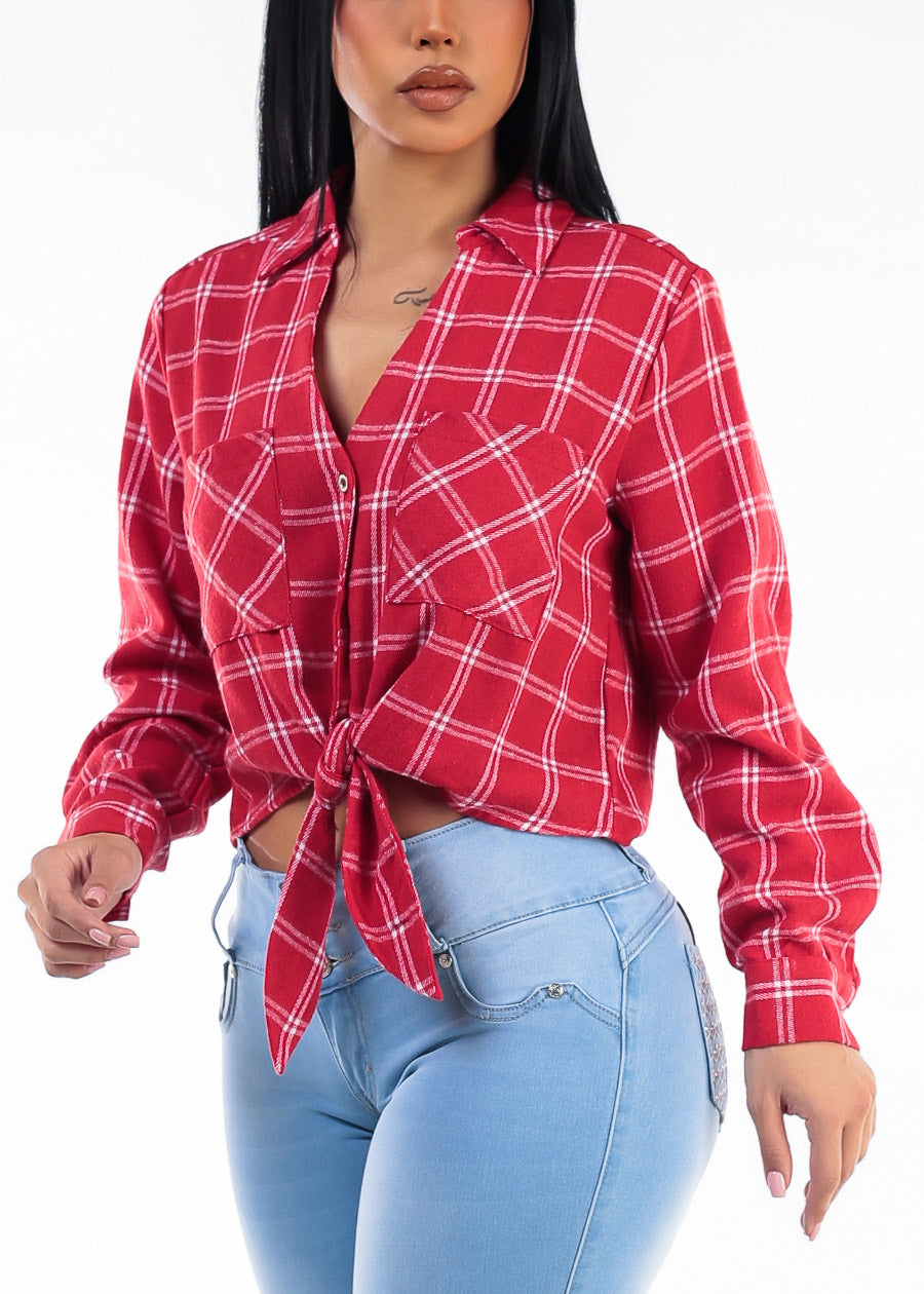 Long Sleeve Button Up Tie Front Plaid Blouse Red