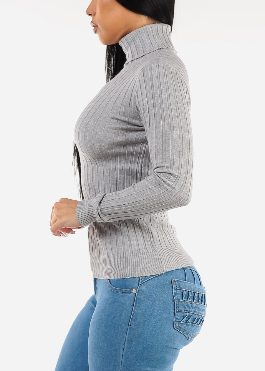 Long Sleeve Ribbed Turtleneck Sweater Grey