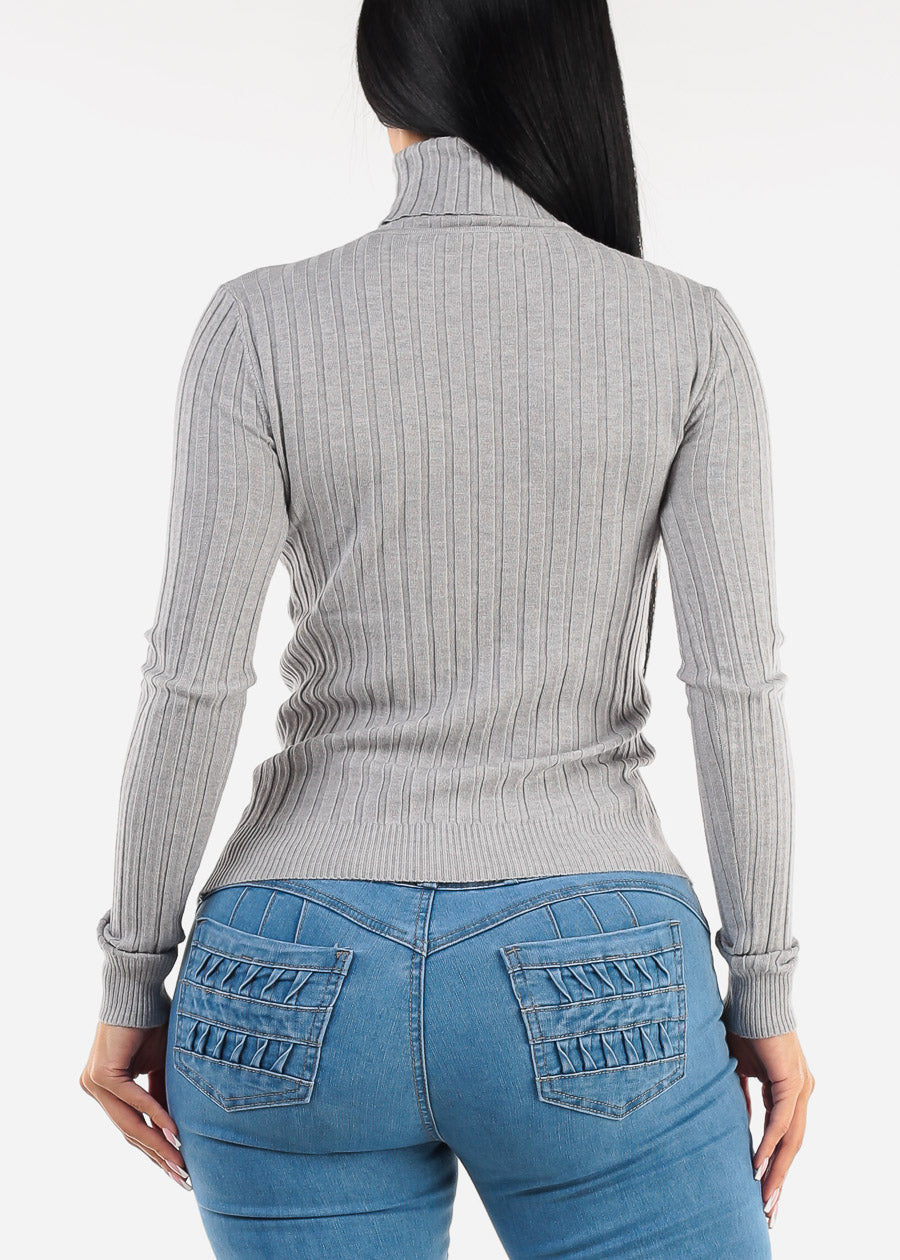 Long Sleeve Ribbed Turtleneck Sweater Grey