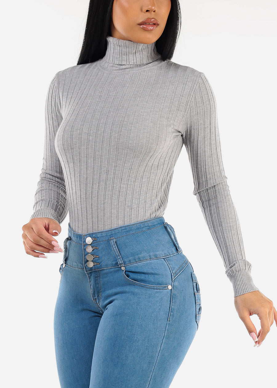 Long Sleeve Ribbed Turtleneck Sweater Grey