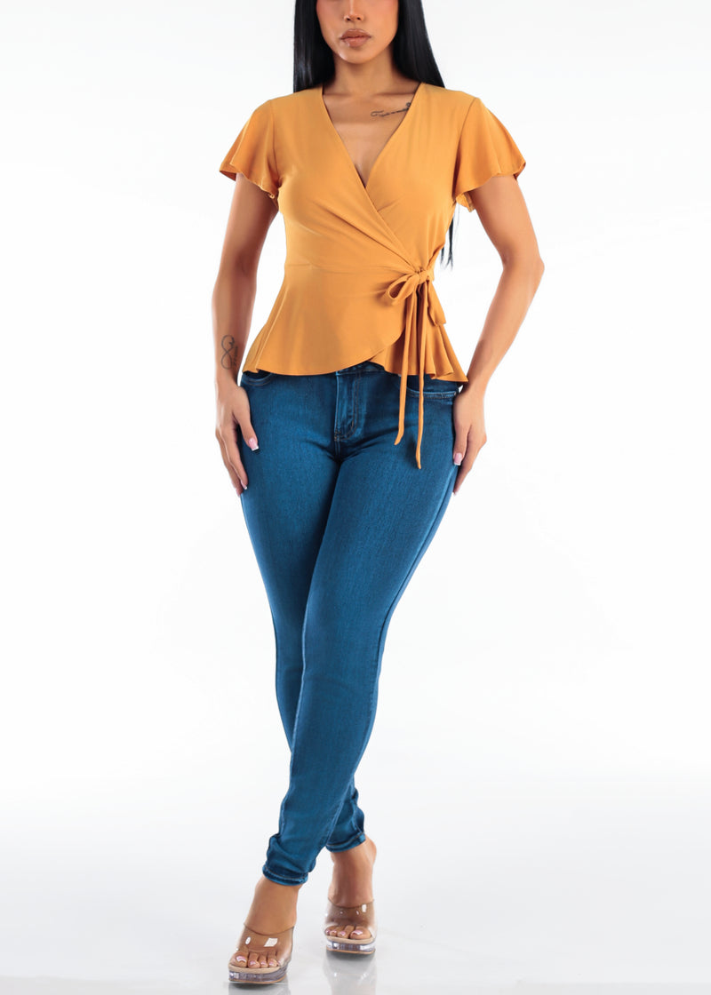 Short Sleeve Surplice Stretch Peplum Blouse Mustard