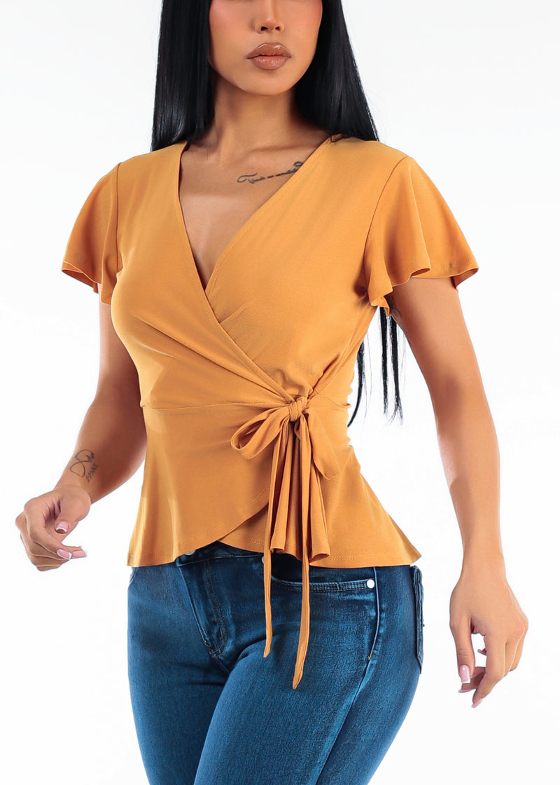 Short Sleeve Surplice Stretch Peplum Blouse Mustard
