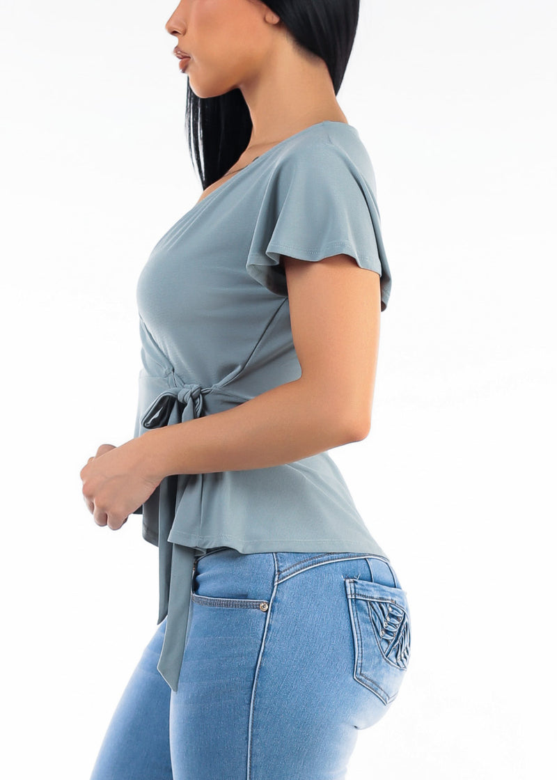 Short Sleeve Surplice Stretch Peplum Blouse Sage