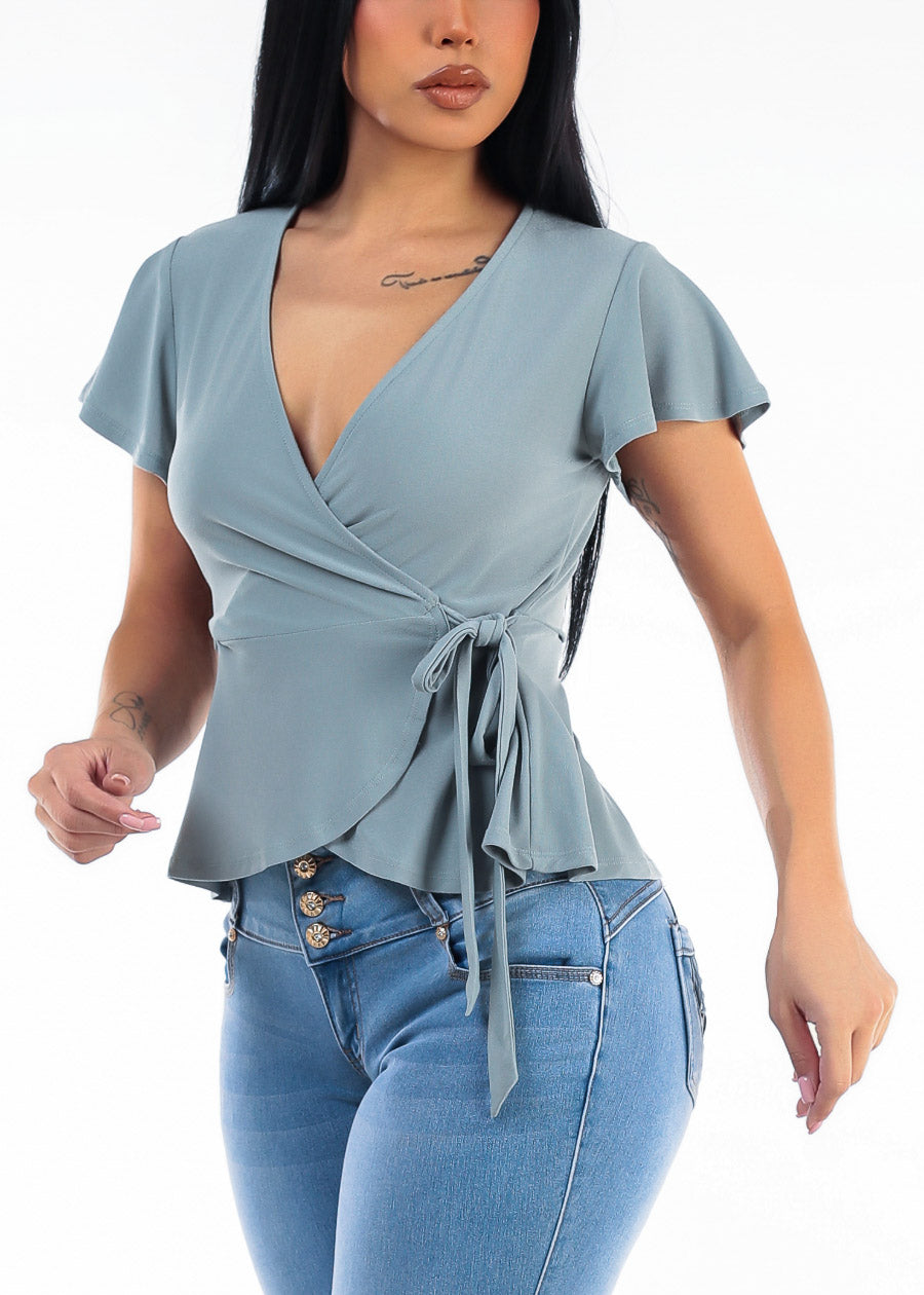 Short Sleeve Surplice Stretch Peplum Blouse Sage