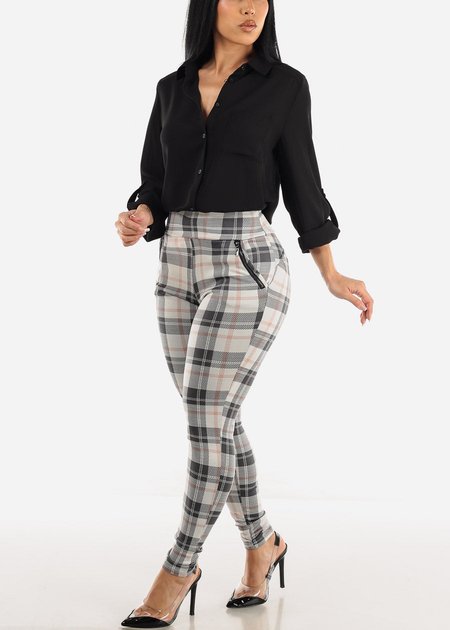 High Waisted Butt Lifting White Plaid Skinny Pants