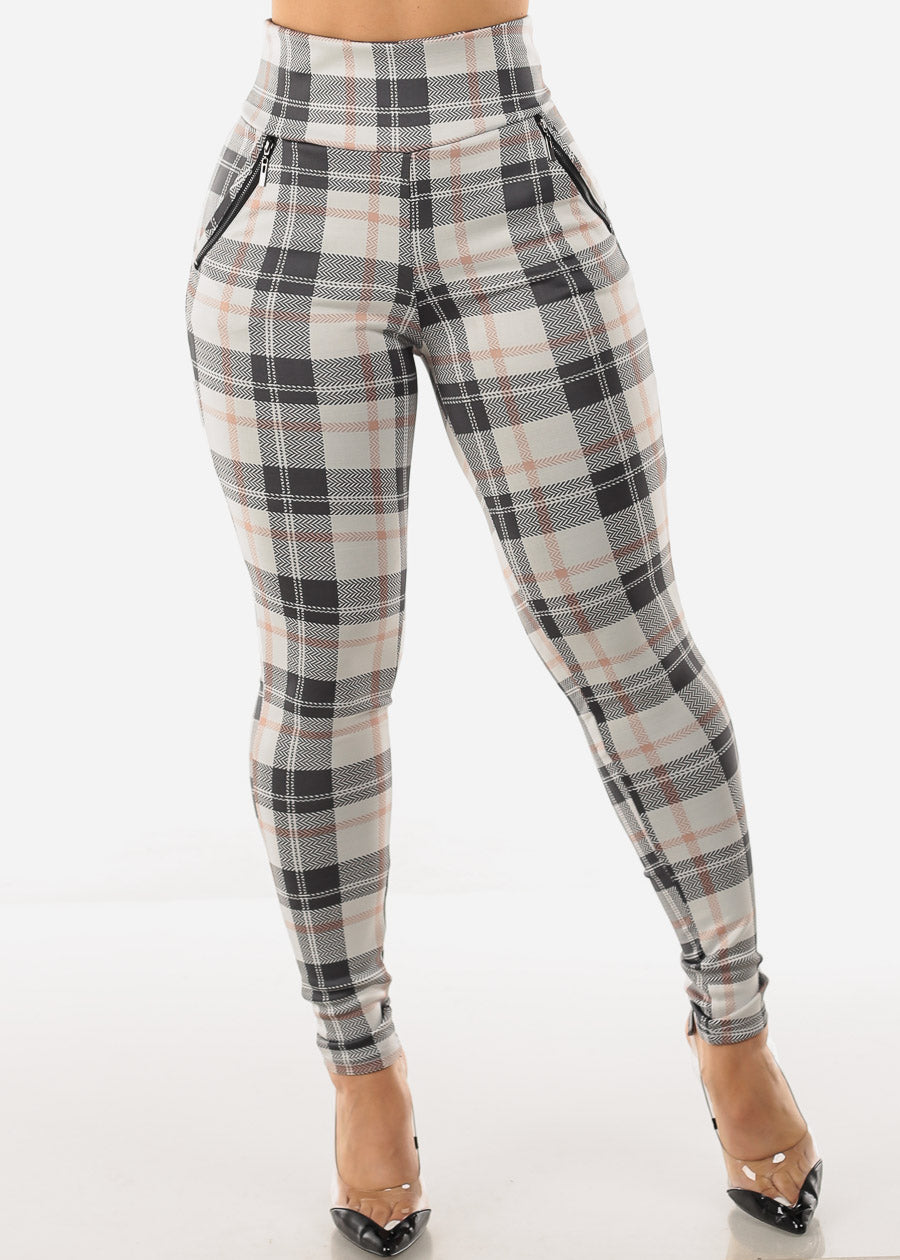 High Waisted Butt Lifting White Plaid Skinny Pants