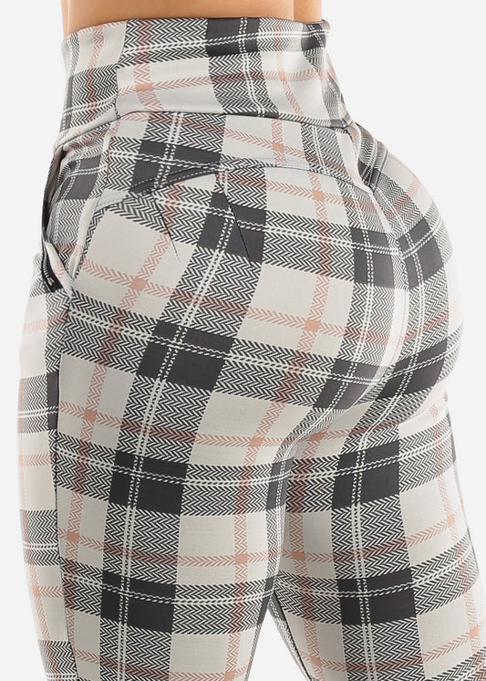 High Waisted Butt Lifting White Plaid Skinny Pants