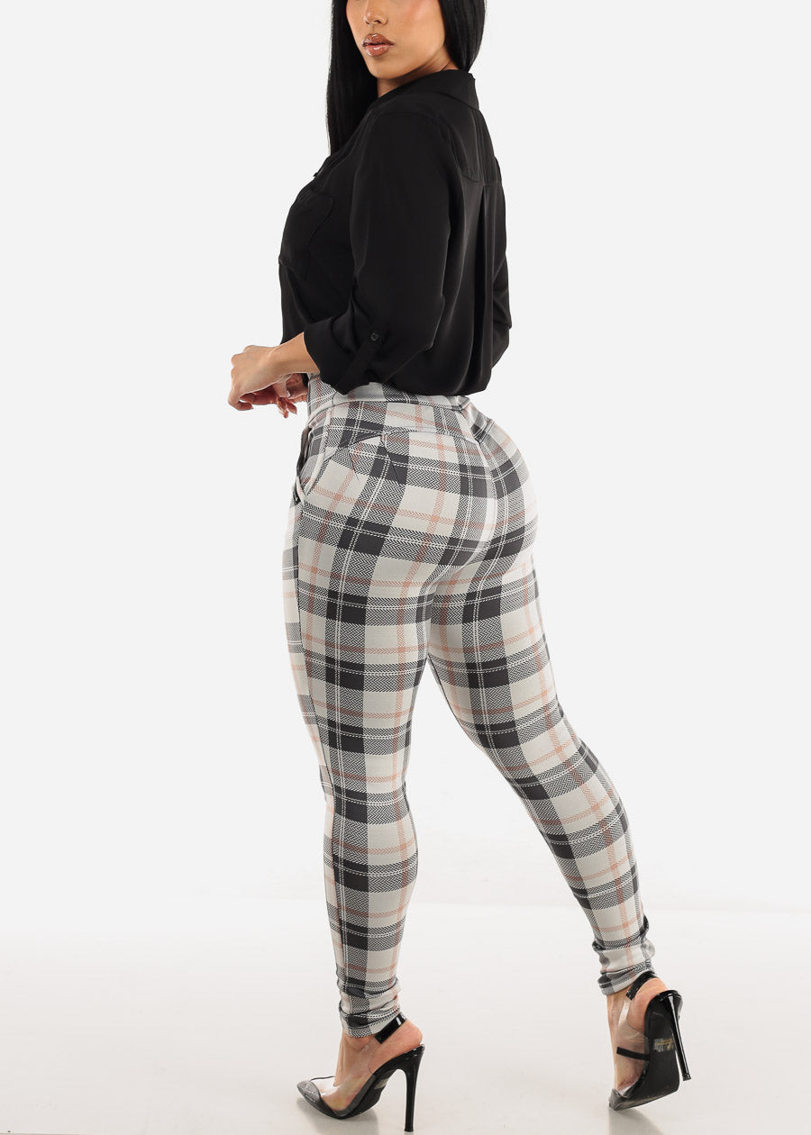 High Waisted Butt Lifting White Plaid Skinny Pants