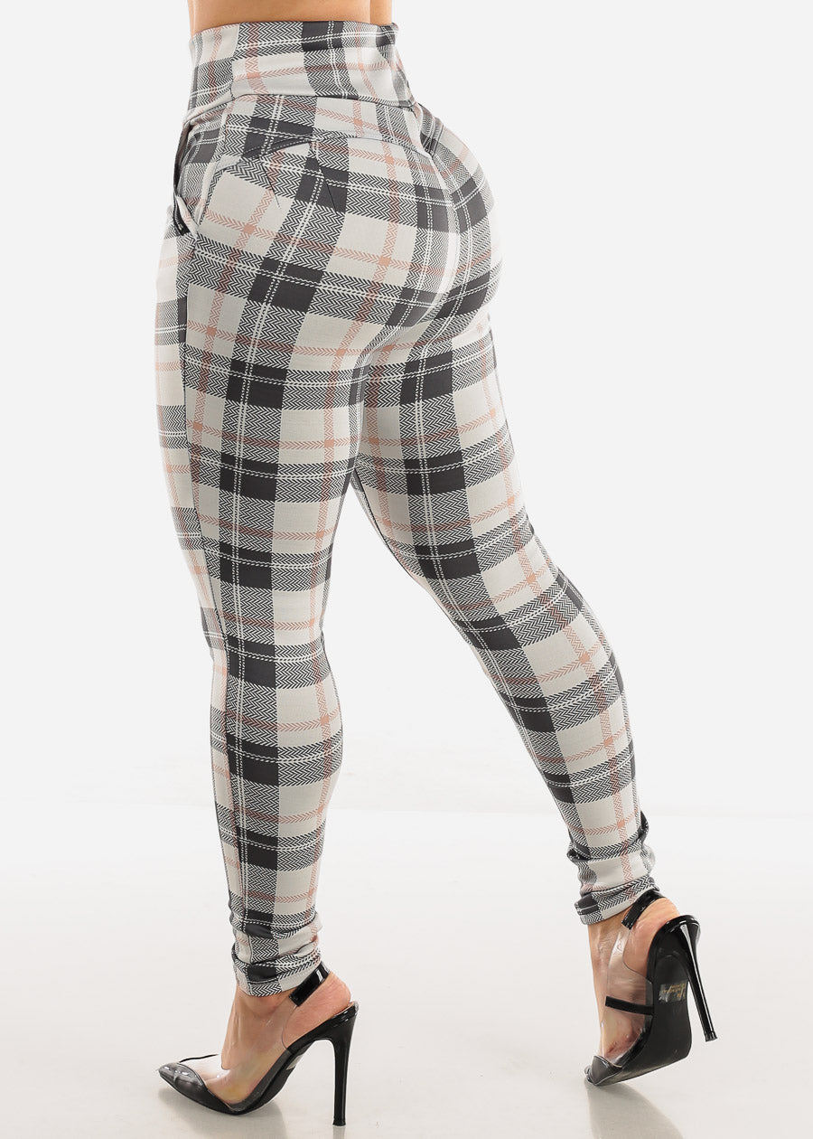 High Waisted Butt Lifting White Plaid Skinny Pants