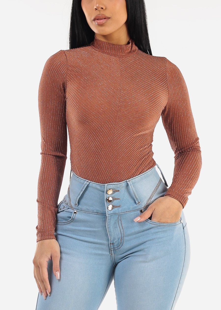 Mock Neck Glittery Thong Bodysuit Mocha