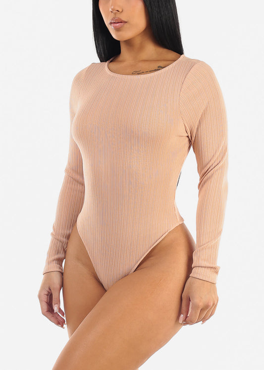 Round Neck Long Sleeve Thong Bodysuit Tan