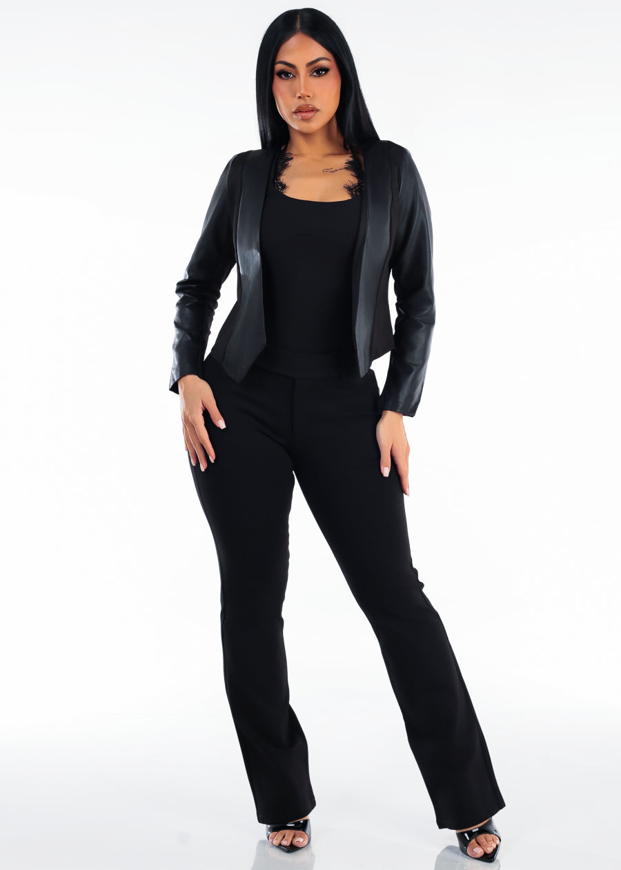 Long Sleeve Open Front Vegan Leather Jacket w Back Cut Out, view 2 of 4