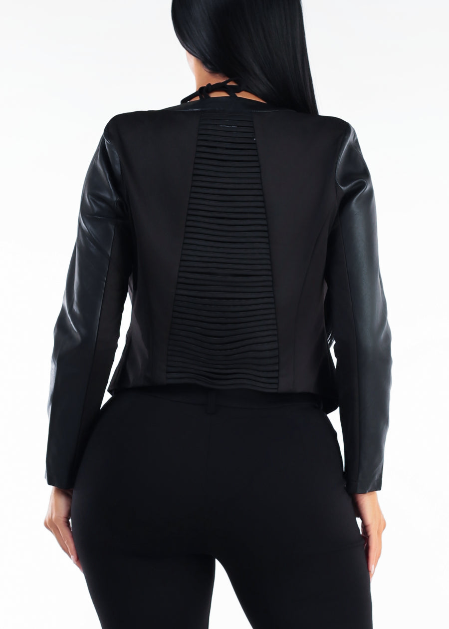 Long Sleeve Open Front Vegan Leather Jacket w Back Cut Out, view 4 of 4