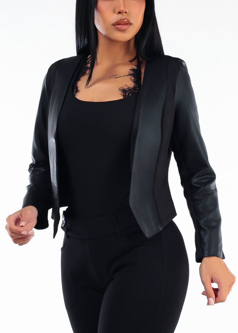Long Sleeve Open Front Vegan Leather Jacket w Back Cut Out