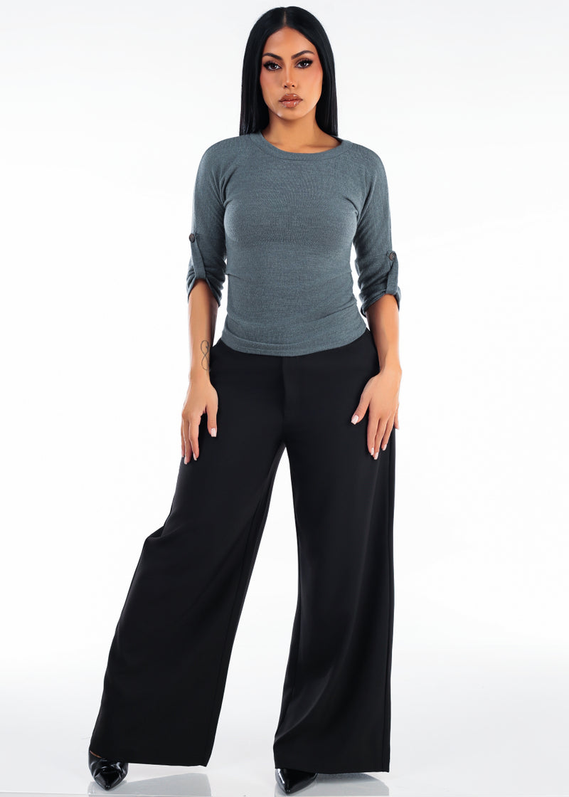 Quarter Sleeve Round Neckline Stretch Top Olive