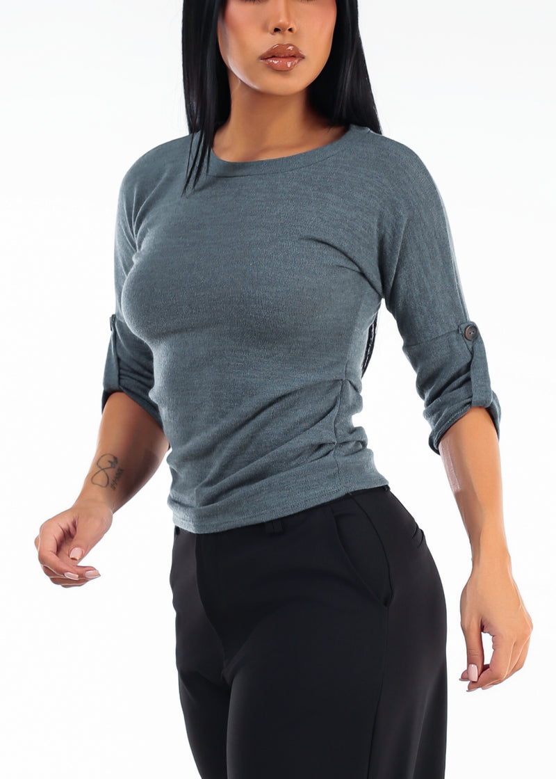Quarter Sleeve Round Neckline Stretch Top Olive