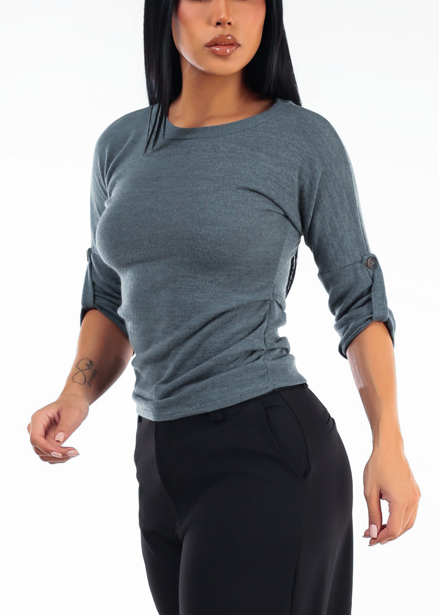 Quarter Sleeve Round Neckline Stretch Top Olive