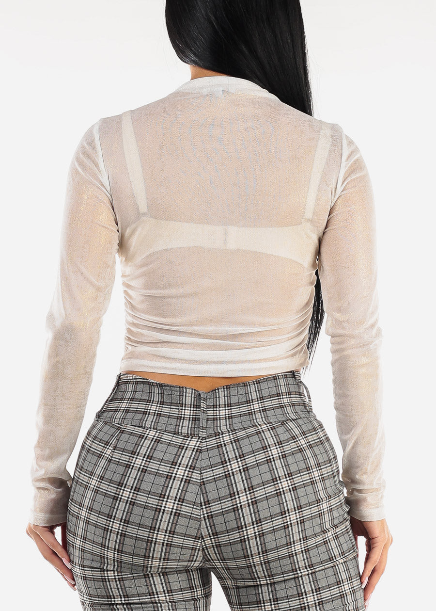 Long Sleeve Glittery Shirred Mesh Top White