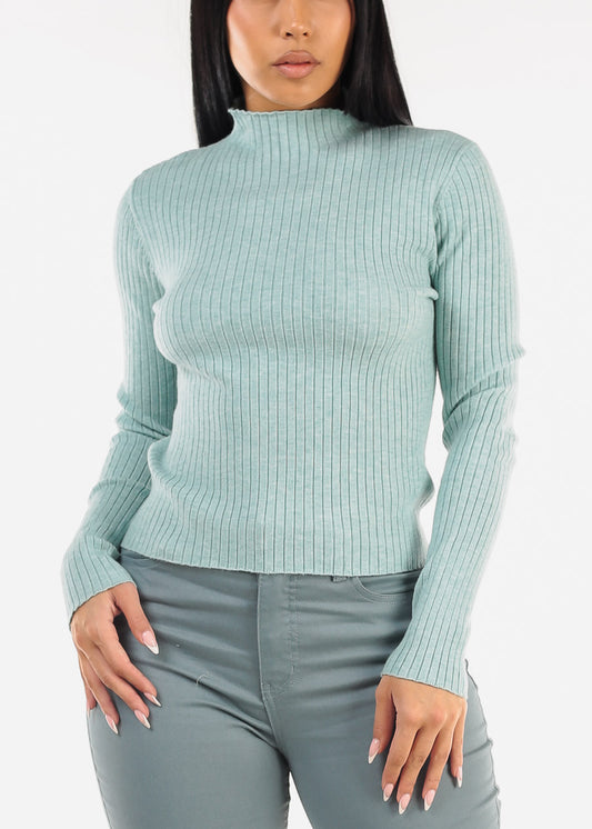 Mock Neck Rib Knit Sweater Top  Mint Green