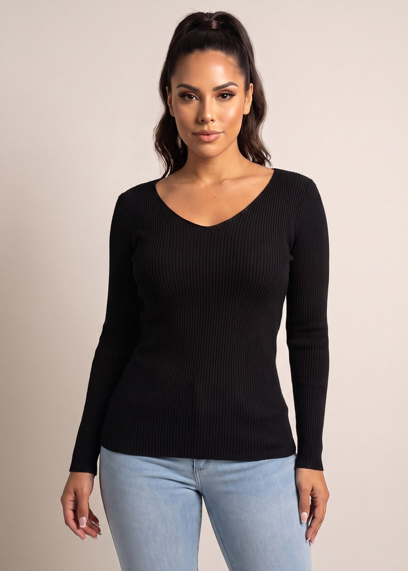 Long Sleeve Vneck Ribbed Sweater Top Black