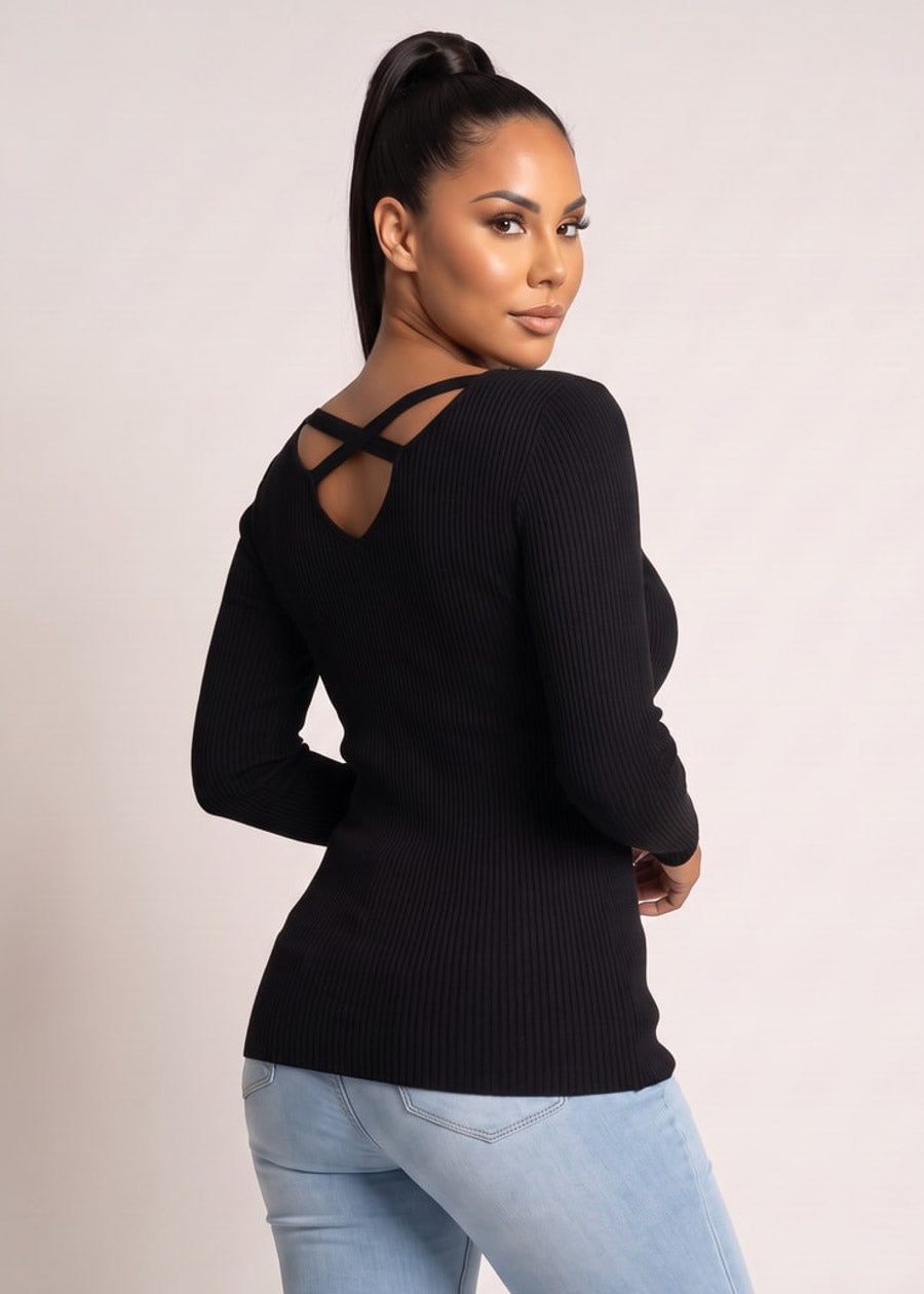 Long Sleeve Vneck Ribbed Sweater Top Black, view 4 of 4