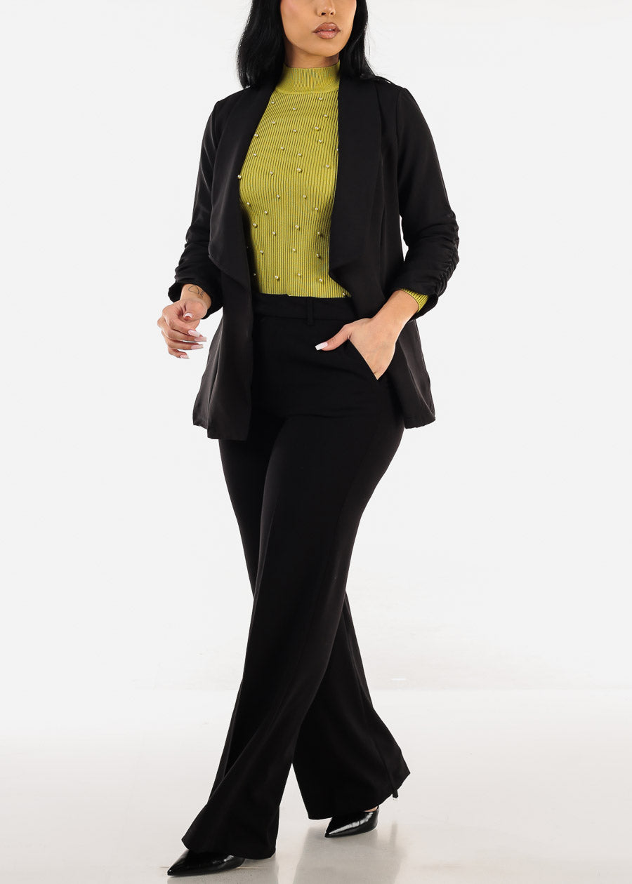 Quarter Sleeve Open Front Black Blazer