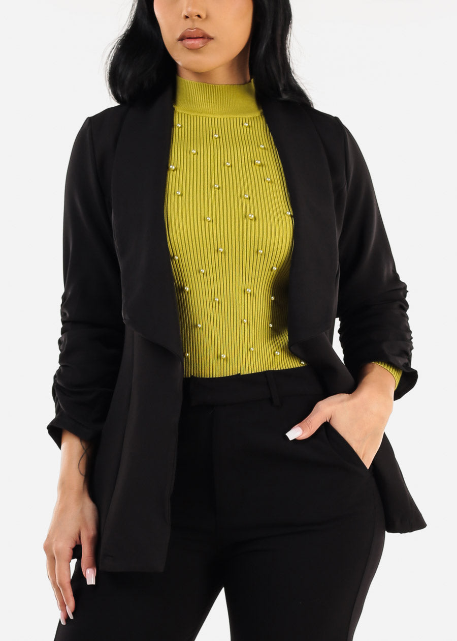 Quarter Sleeve Open Front Black Blazer