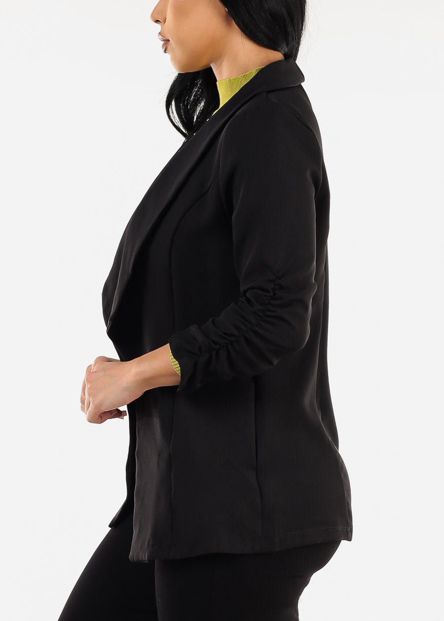 Quarter Sleeve Open Front Black Blazer