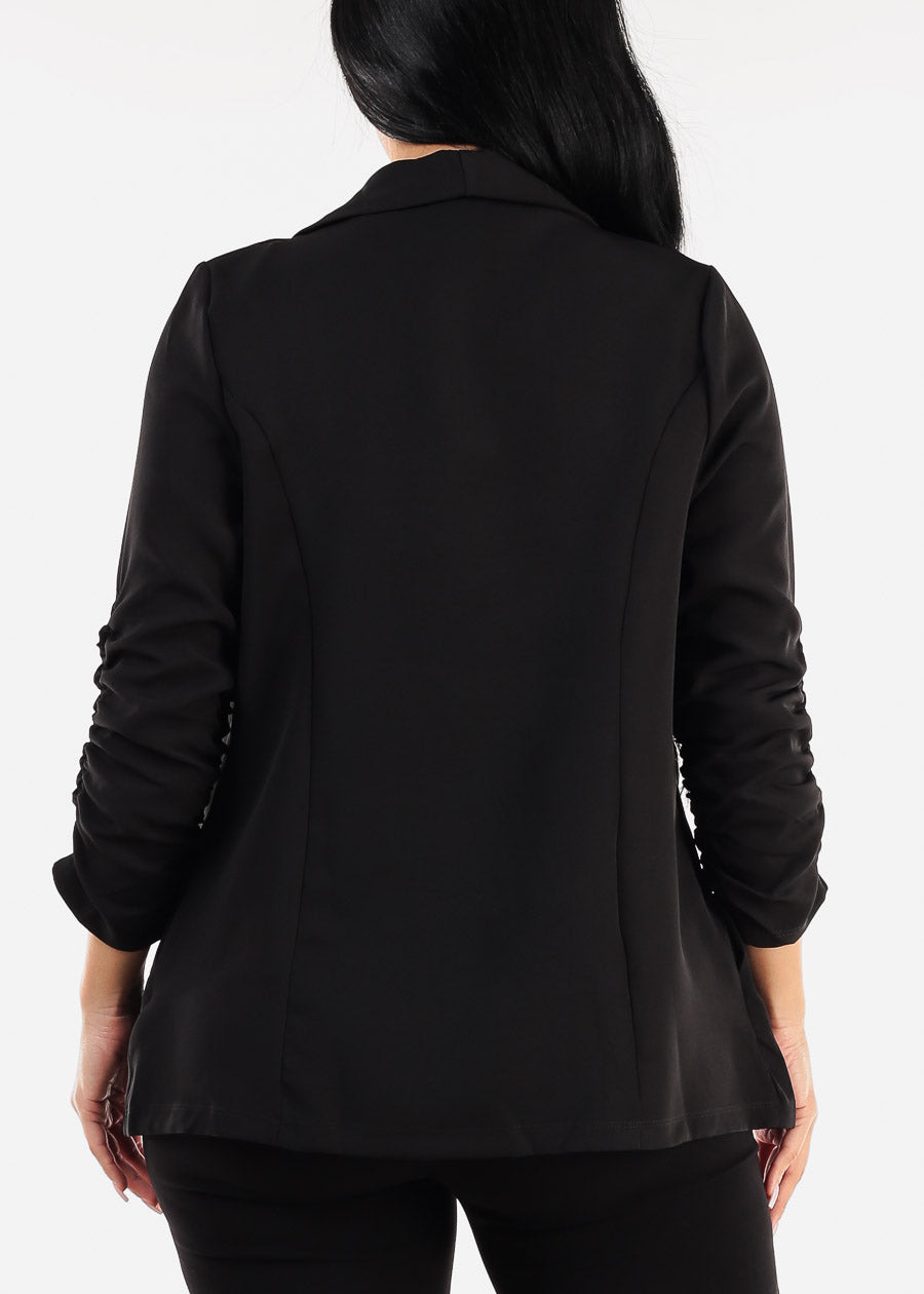 Quarter Sleeve Open Front Black Blazer