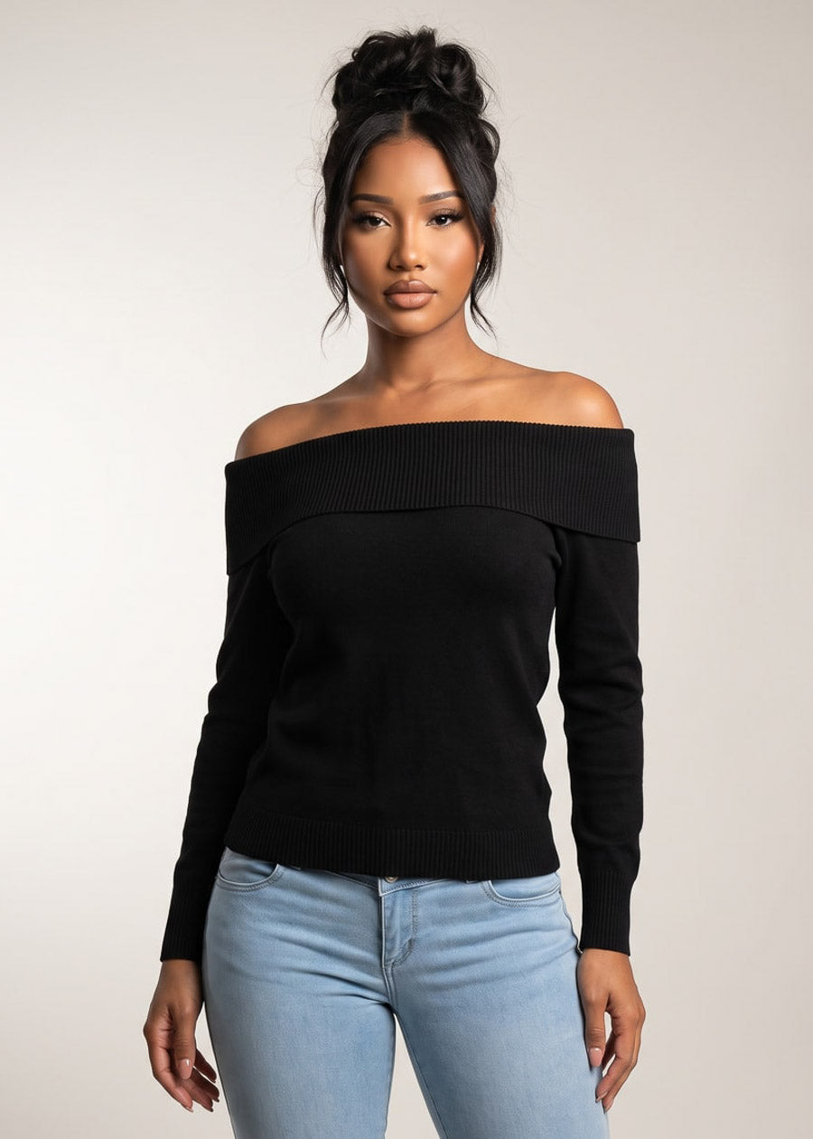 Black Off Shoulder Stretch Sweater Top, view 1 of 2